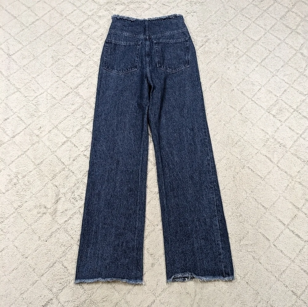 WeWoreWhat Jeans Women's 24 Blue Dark Straight Leg High Rise Relaxed Raw Hem